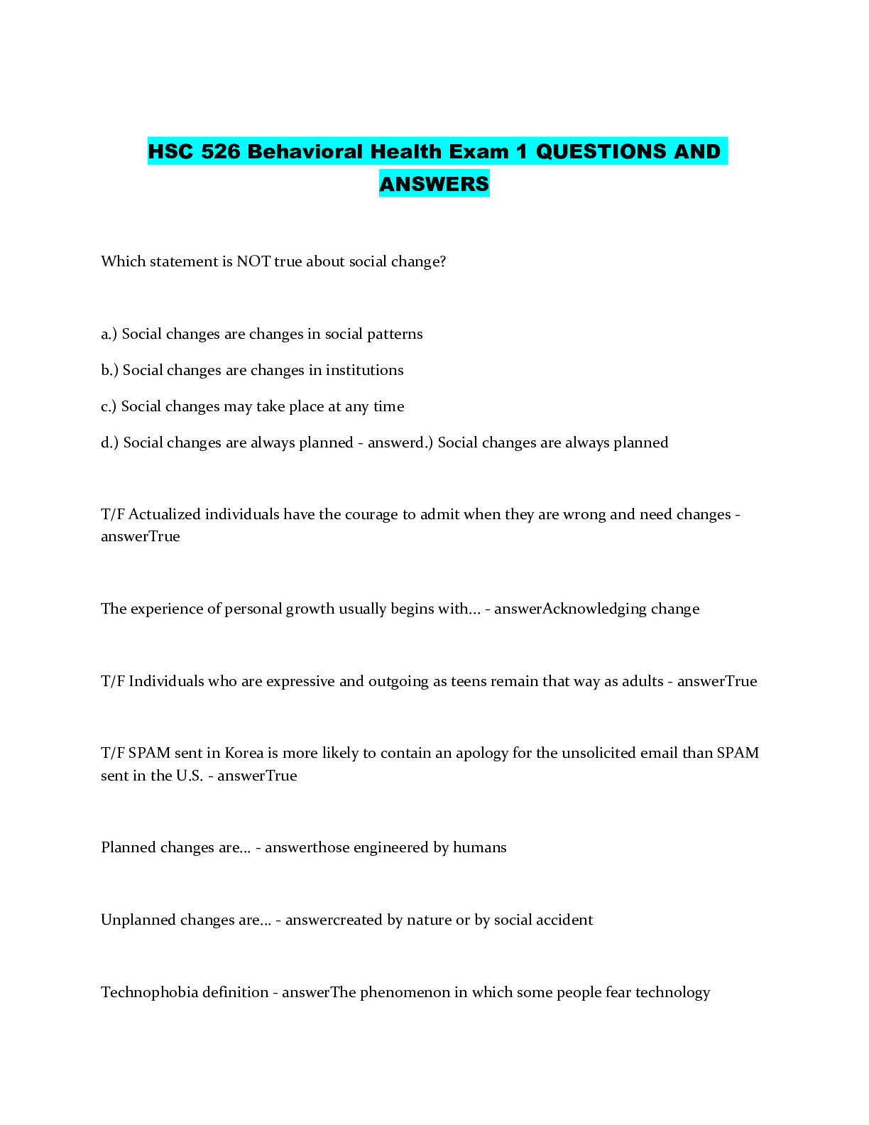 Preview of HSC 526 Behavioral Health Exam 1 QUESTIONS AND ANSWERS